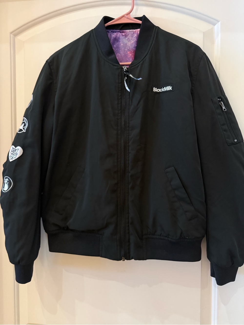 BlackMilk Black Bomber Jacket with Purple Galaxy Lining